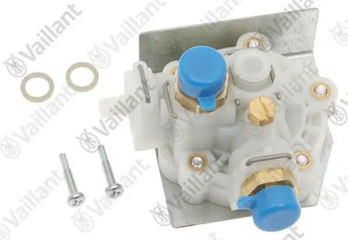 Vaillant Wasserschalter mit blauen Griffen, zwei Messinganschlüssen und einer metallenen Basisplatte. Enthalten sind zwei Dichtungen und Schrauben.